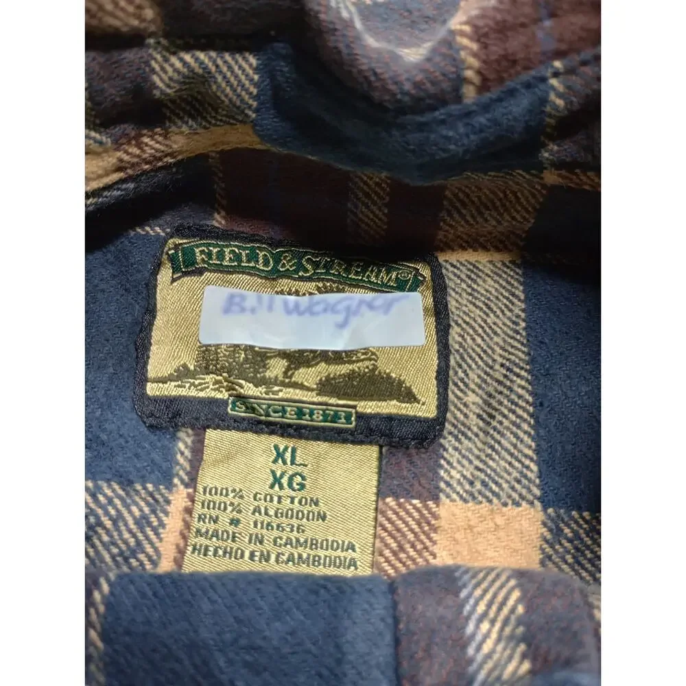 Field & Stream Flannel Button Up Shirt Men's Size XL Plaid Blue Brown Tan